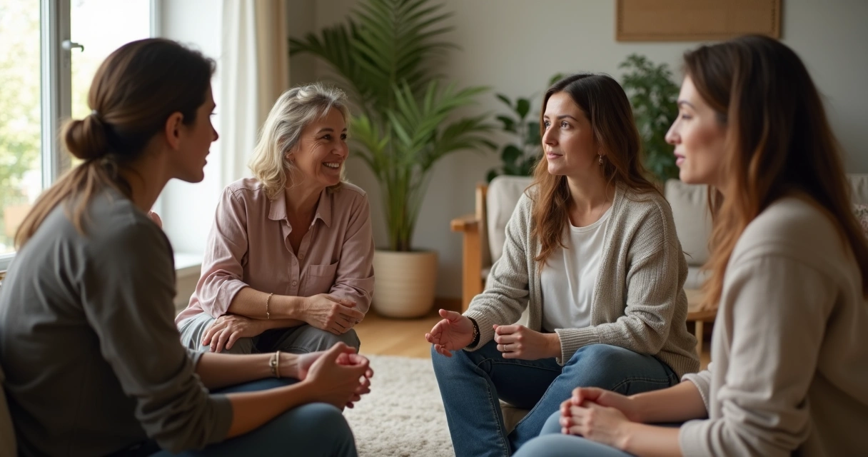 Grupo em roda praticando escuta ativa em conversa tranquila 