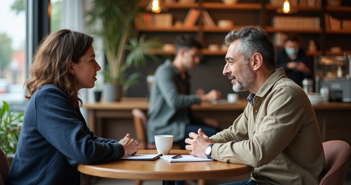 Duas pessoas conversando com atenção em uma cafeteria tranquila 