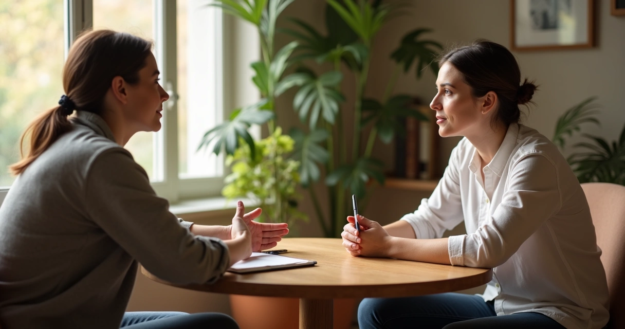 Duas pessoas em conversa atenta em uma sala clara e acolhedora 