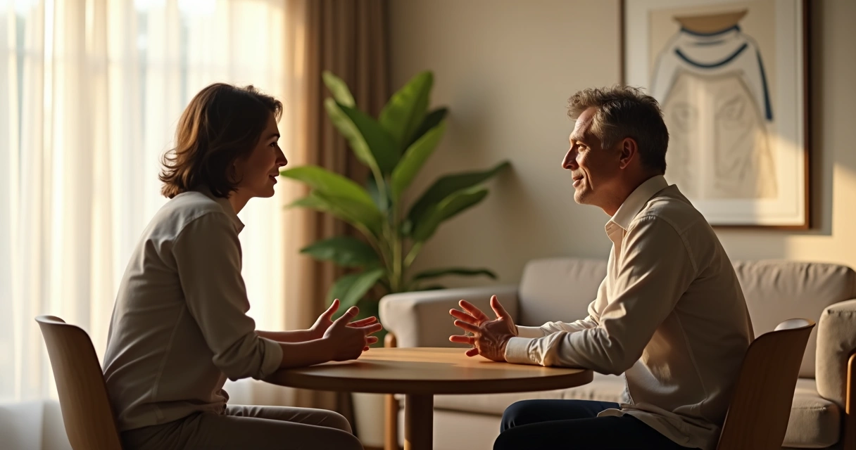 Duas pessoas sentadas frente a frente praticando escuta atenta em ambiente calmo 