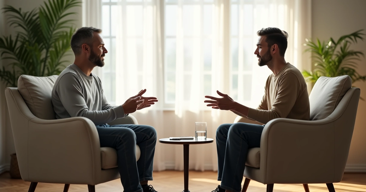 Duas pessoas em conversa profunda praticando escuta ativa em um ambiente calmo e iluminado 