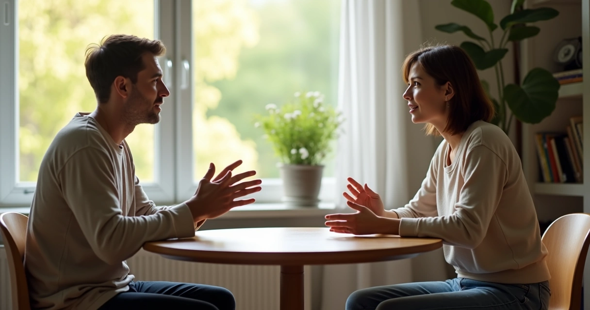 Duas pessoas em conversa atenta em um ambiente calmo 
