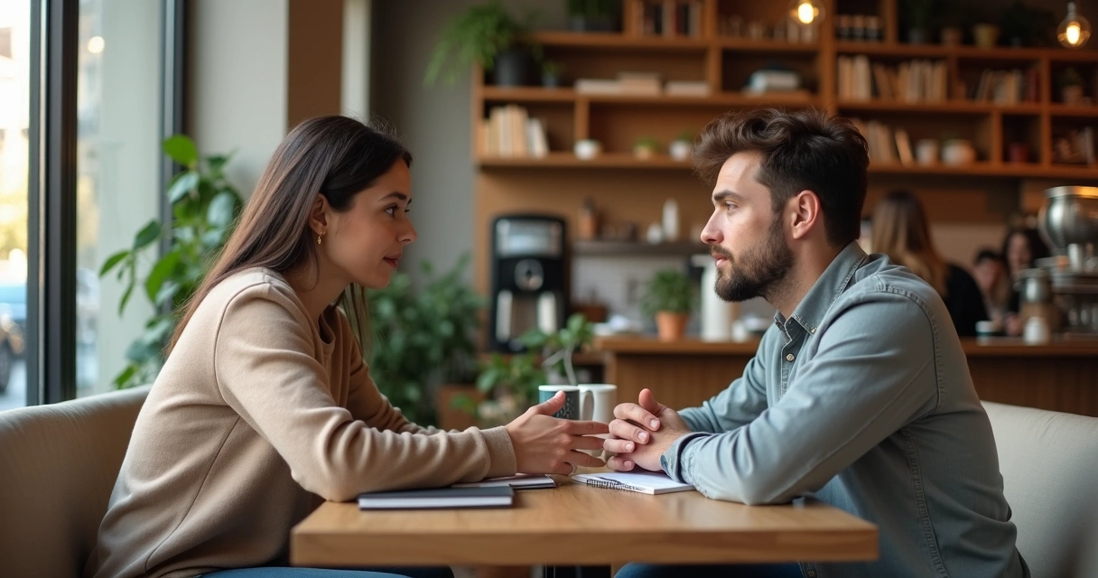 Duas pessoas conversando com atenção em um café 