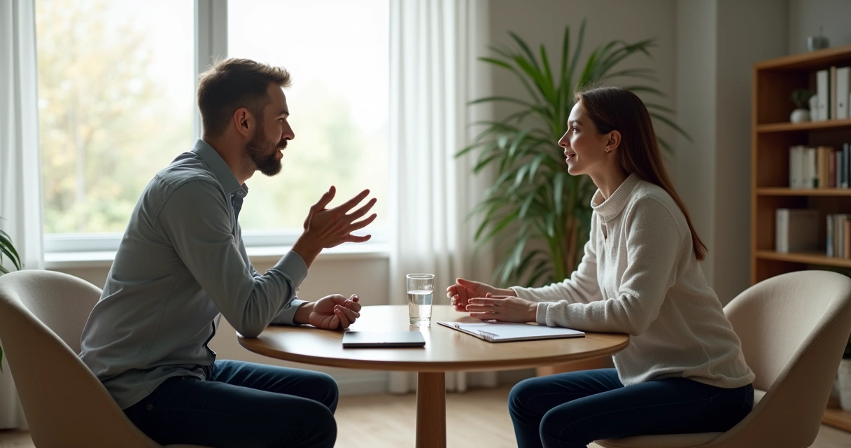 Duas pessoas em conversa séria praticando escuta ativa em um ambiente calmo 