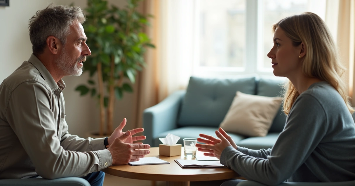 Duas pessoas conversando com atenção em uma sala tranquila 