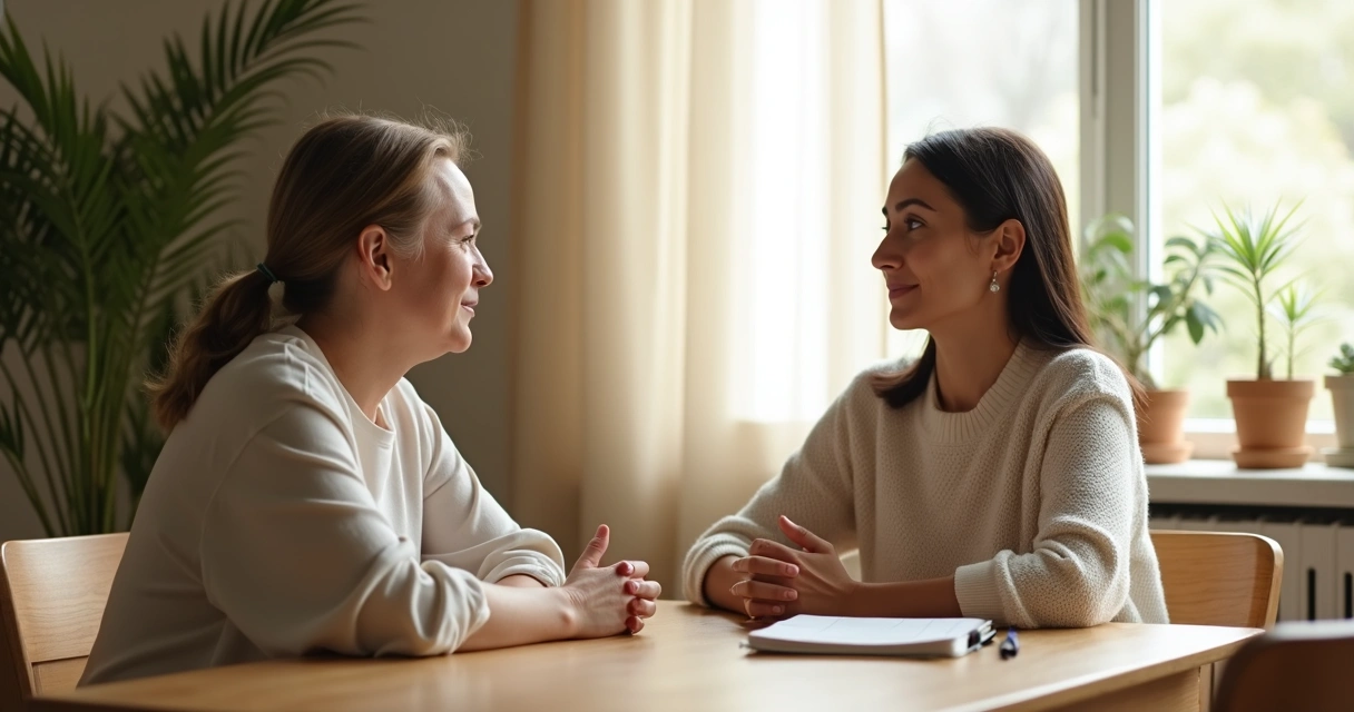Duas pessoas sentadas frente a frente praticando escuta ativa em ambiente acolhedor 