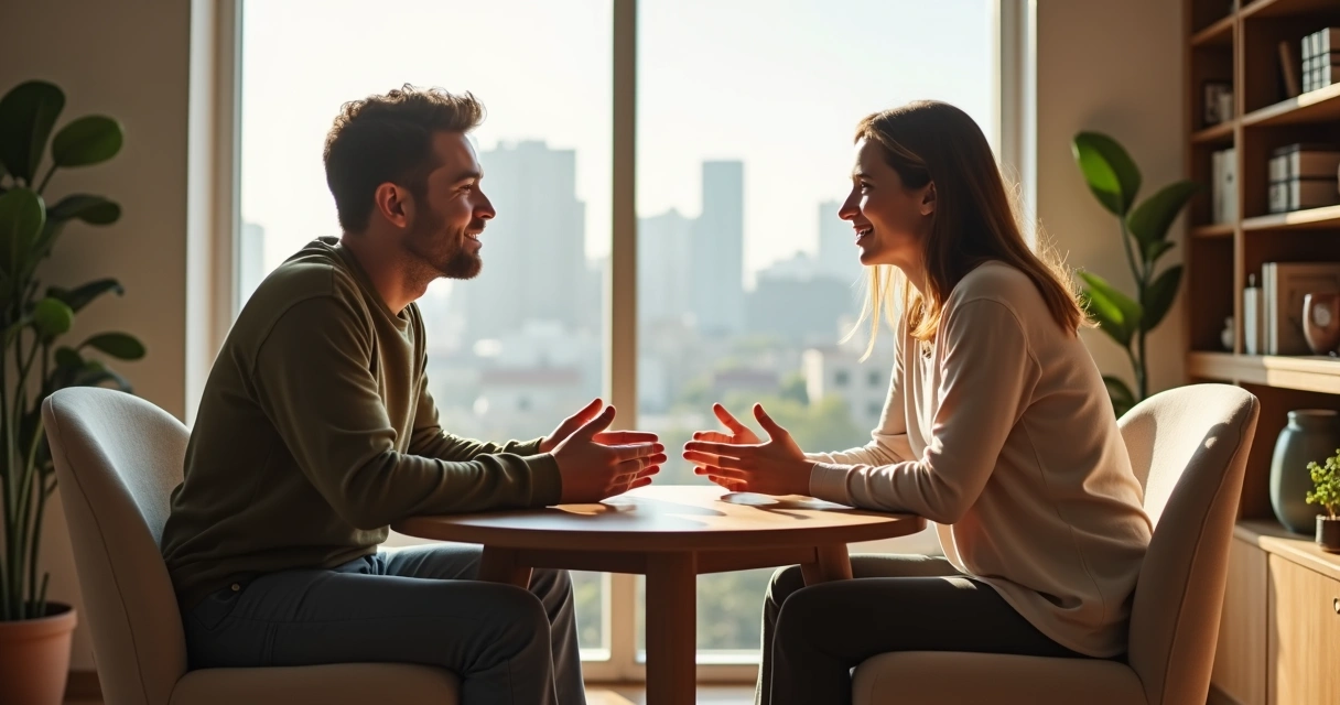 Pessoa ouvindo atentamente outra em conversa profunda em ambiente acolhedor 