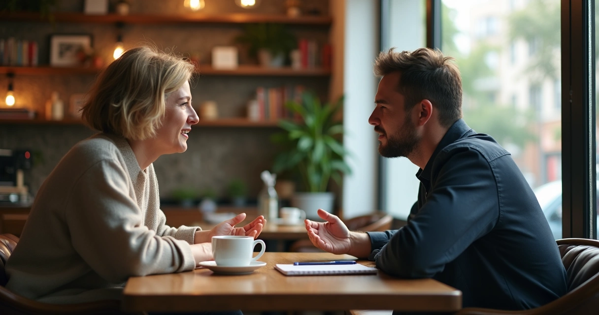 Duas pessoas conversando de frente em um café com postura de escuta atenta 