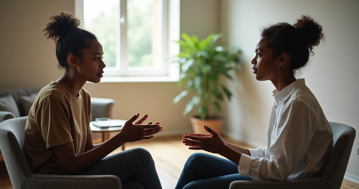 Duas pessoas em conversa profunda praticando escuta ativa em um ambiente acolhedor 