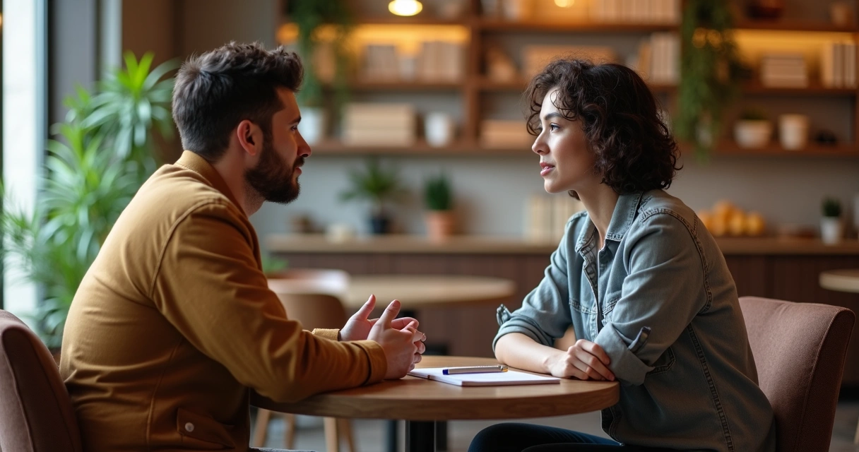 Duas pessoas conversando frente a frente com atenção e empatia 