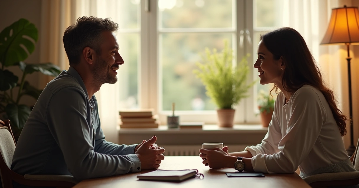 Dois adultos sentados em uma sala conversando olhando nos olhos 