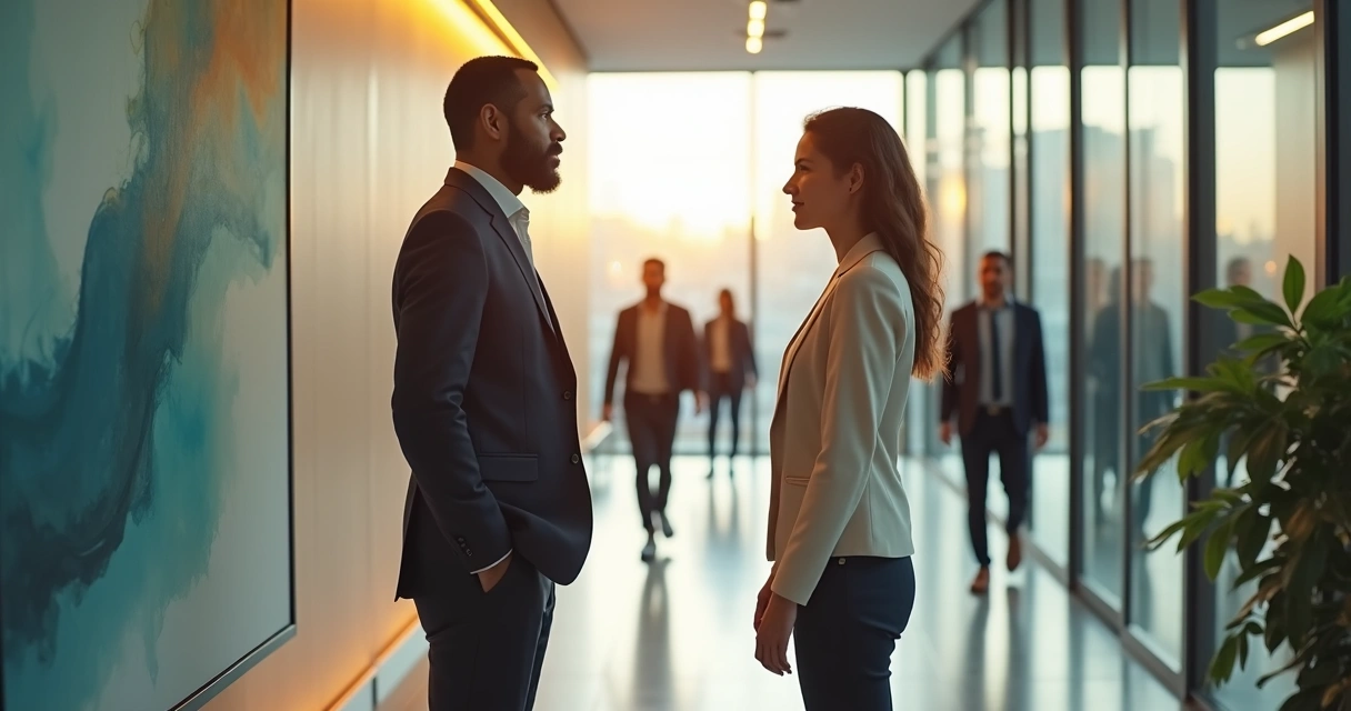 Dois colegas conversam em pé em corredor de empresa enquanto pessoas passam desfocadas ao fundo 