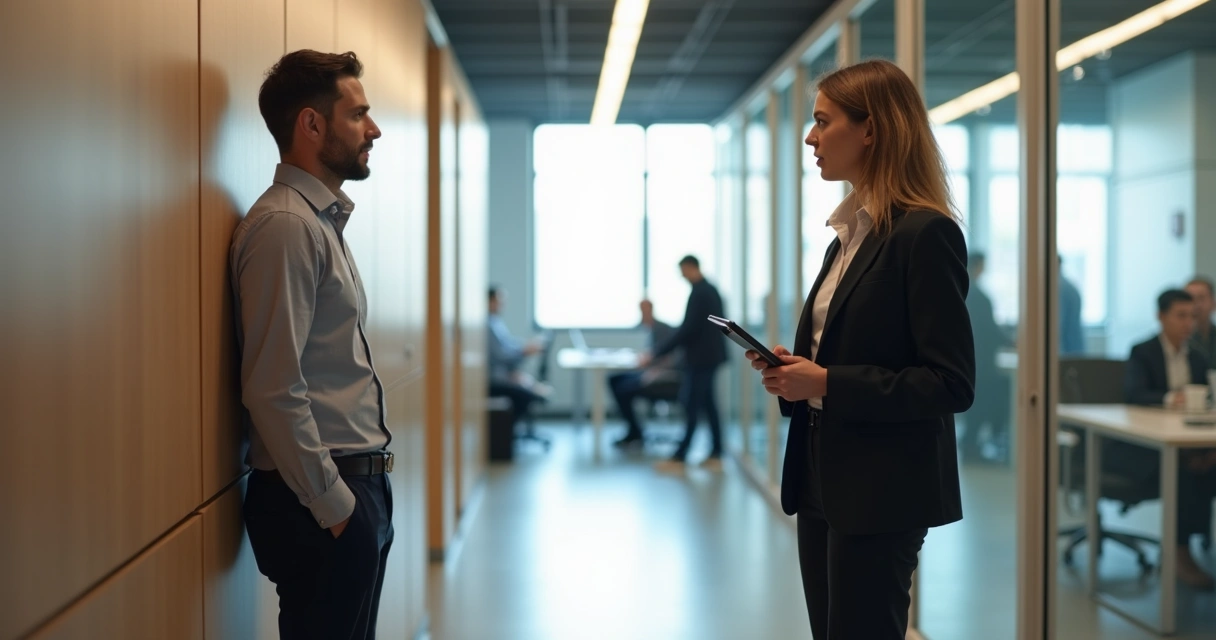 Dois colegas de trabalho conversam em pé em corredor de escritório moderno 