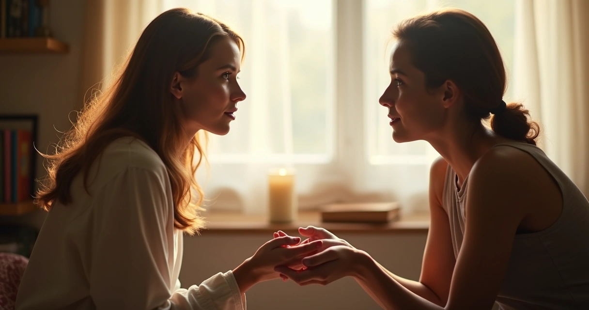 Pessoa ouvindo atentamente com expressão serena, em um ambiente iluminado, sentada diante de outra pessoa. 