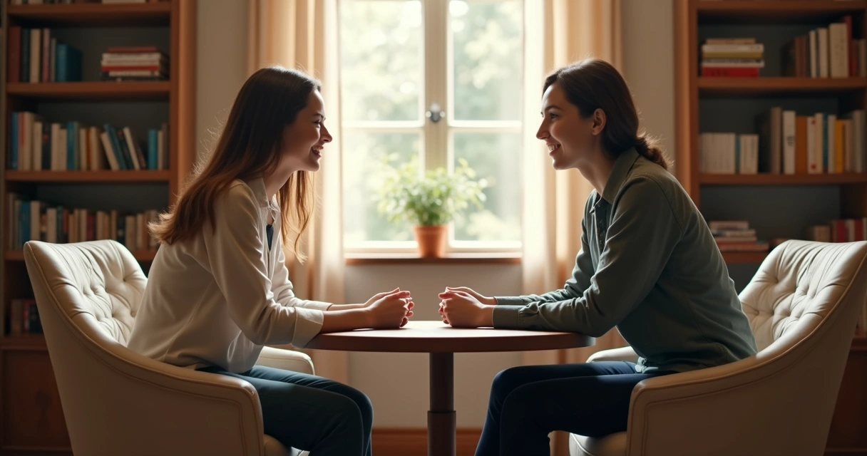 Duas pessoas sentadas frente a frente, ouvindo atenciosamente uma à outra 