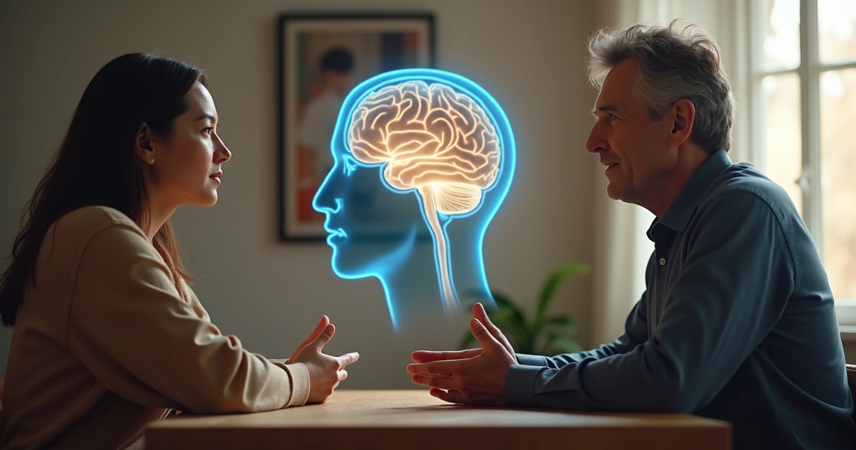 Pessoa ouvindo com atenção enquanto conexões cerebrais são destacadas ao fundo 