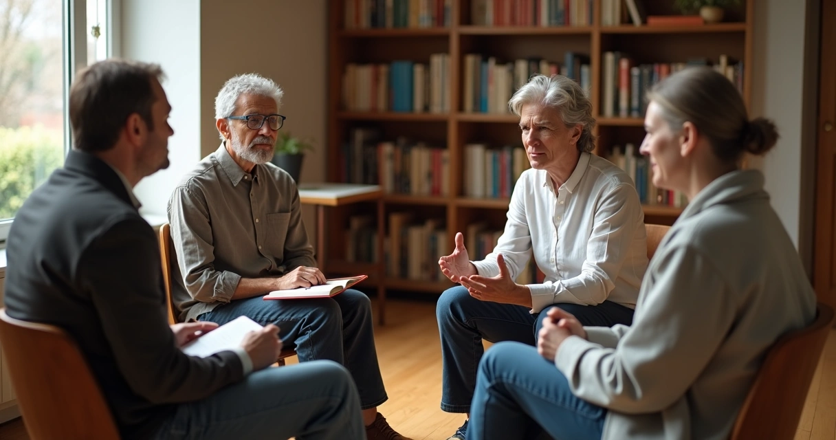 Grupo em roda praticando escuta ativa em diálogo filosófico 