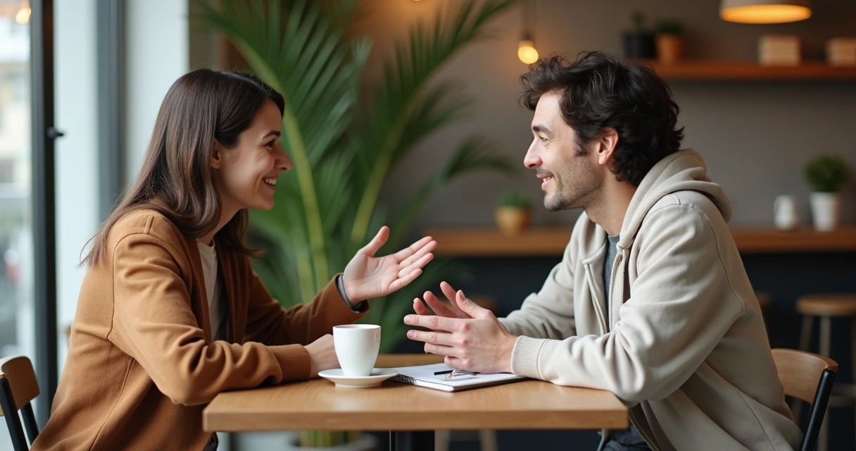 Duas pessoas em conversa atenta em um café, demonstrando escuta ativa e conexão saudável 