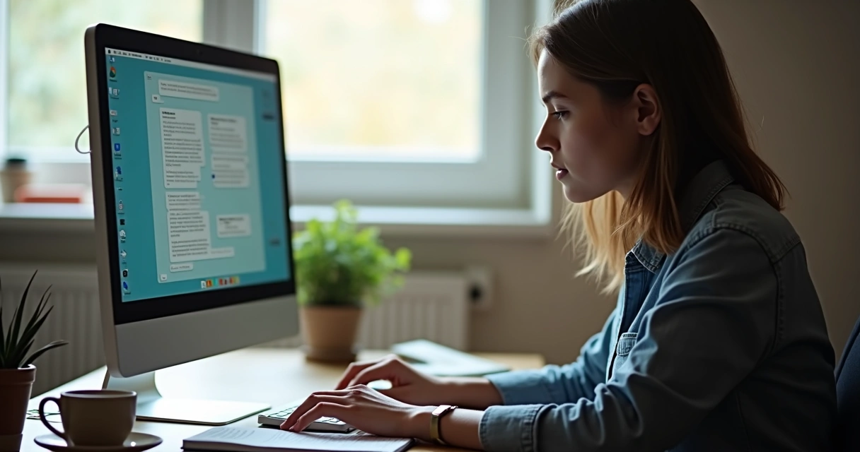Pessoa sentada em frente ao computador, prestando atenção à conversa online 