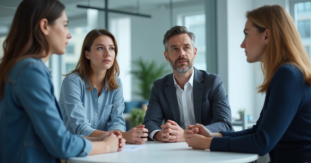 Colegas de trabalho sentados em mesa, escutando atentamente um ao outro durante conversa intensa. 