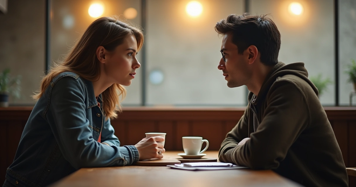 Duas pessoas sentadas frente a frente conversando em um café acolhedor, olhando-se nos olhos, ambas com expressões receptivas e atentas.