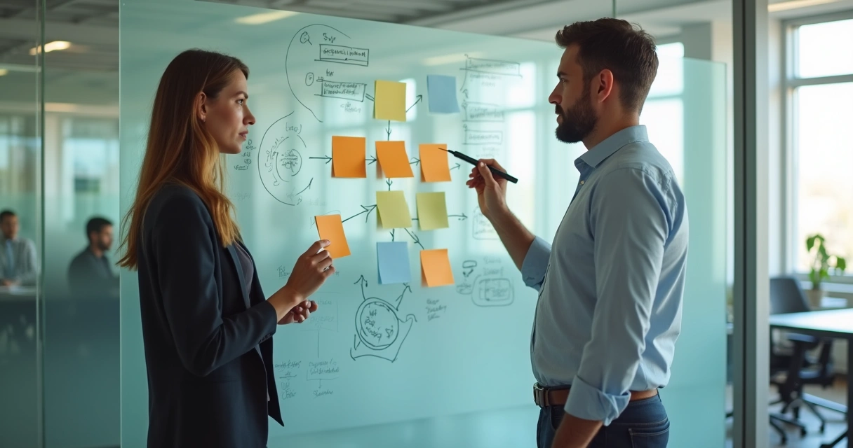 Profissionais em lados opostos de parede de vidro usando post-its para alinhar projeto 