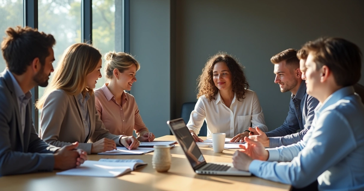Grupo de pessoas ouvindo com atenção durante uma reunião 