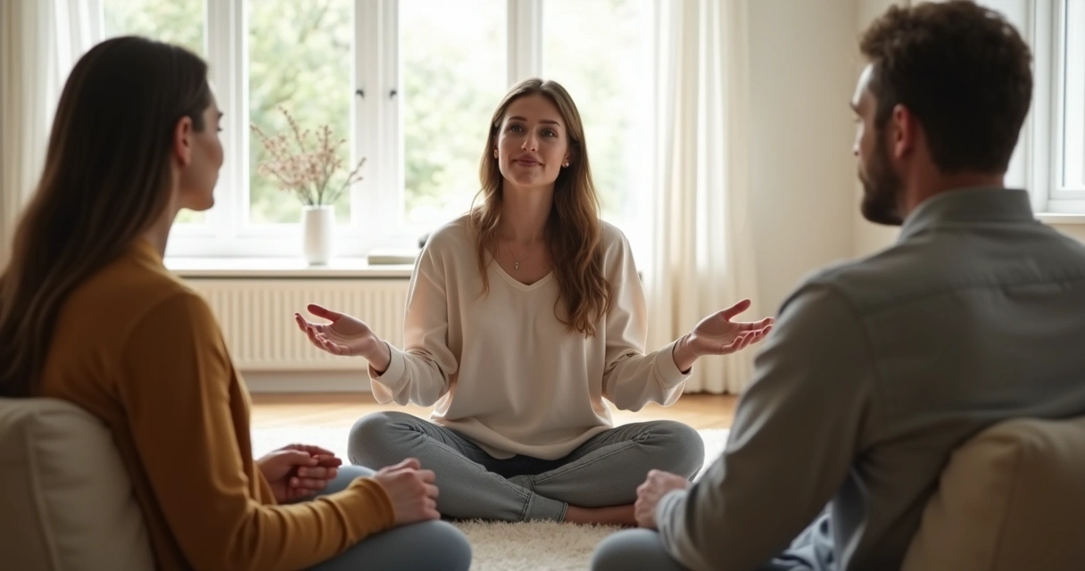 Três pessoas sentadas, uma fala e as outras duas escutam atentamente 