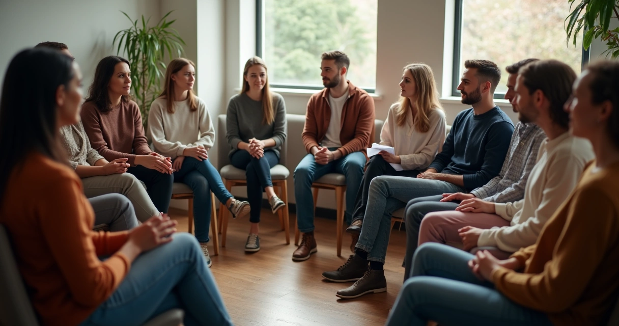 Grupo sentado em círculo em ambiente iluminado praticando escuta ativa