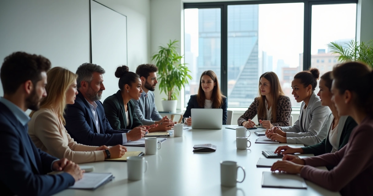 Equipe em mesa de reunião praticando escuta ativa. 