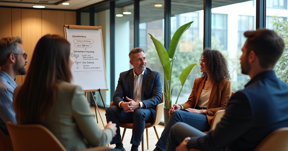 Equipe em roda de conversa com psicólogo organizacional
