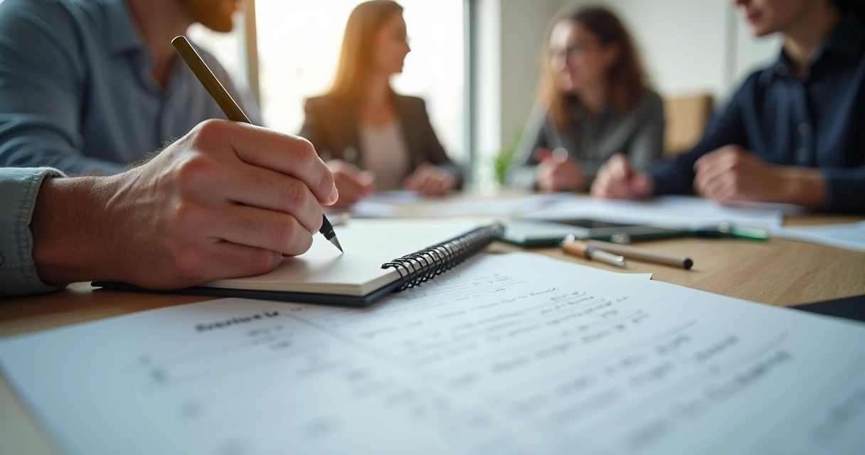 Pessoa anotando opiniões de colegas durante reunião de equipe 