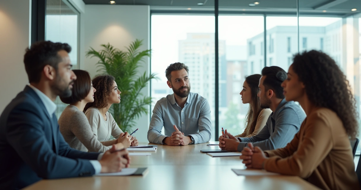 Equipe sentada ao redor de uma mesa de reunião, todos atentos a quem está falando no centro 