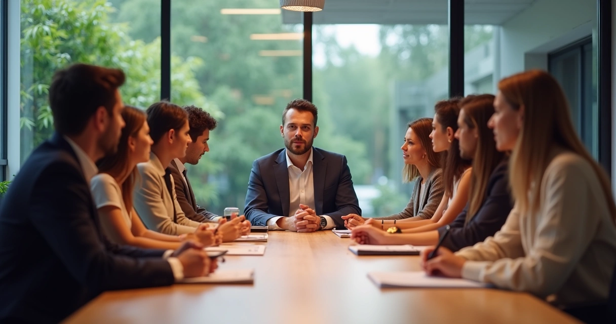 Equipe de trabalho escutando ativamente em reunião ao redor de mesa 