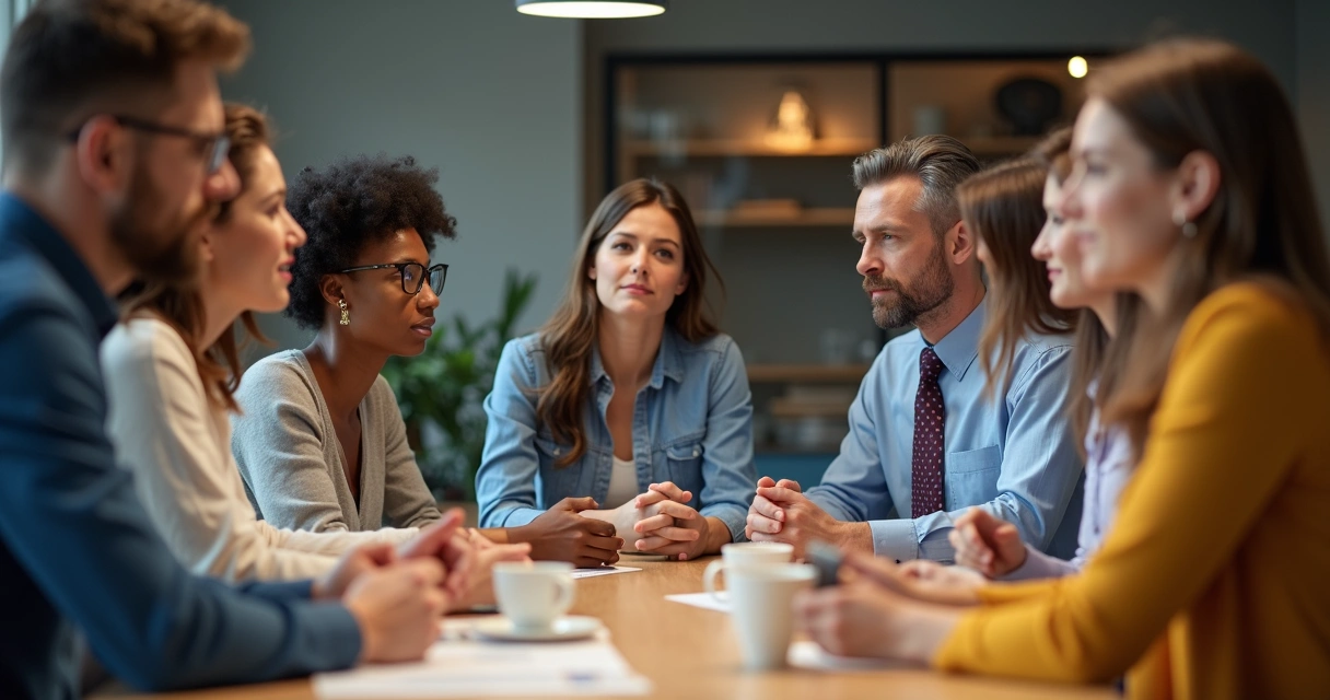 Equipe diversa de profissionais ouvindo ativamente um colega durante uma conversa