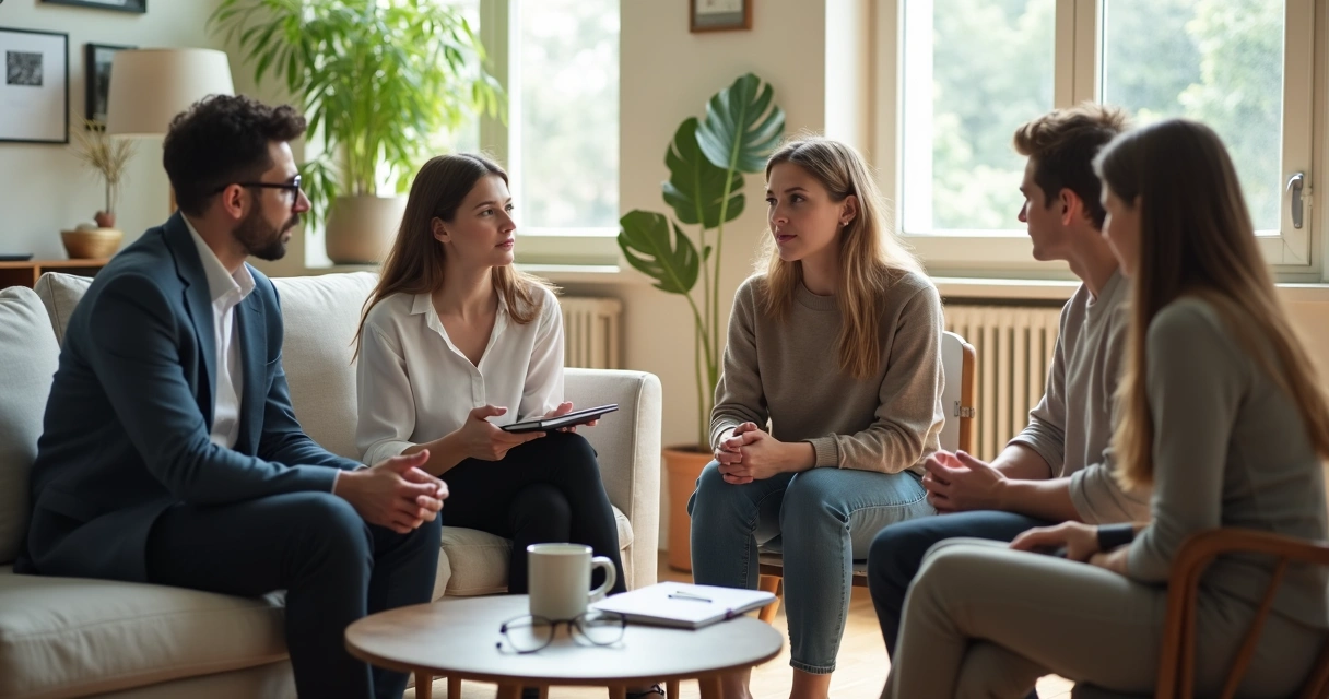 Grupo misto de pessoas em reunião em círculo praticando escuta ativa 