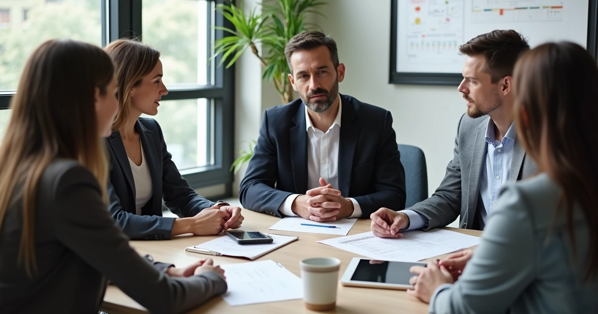 Líder de equipe ouvindo atentamente colegas em reunião, todos atentos em sala de negócios moderna 