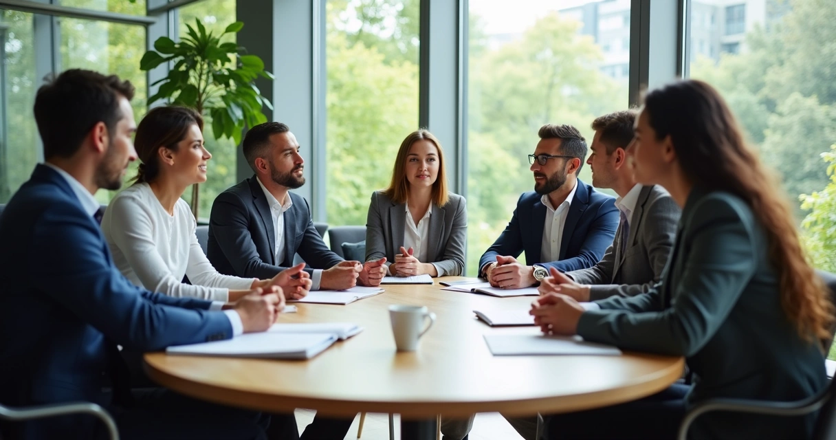 Equipe reunida em torno de uma mesa com todos atentos a um colega que fala