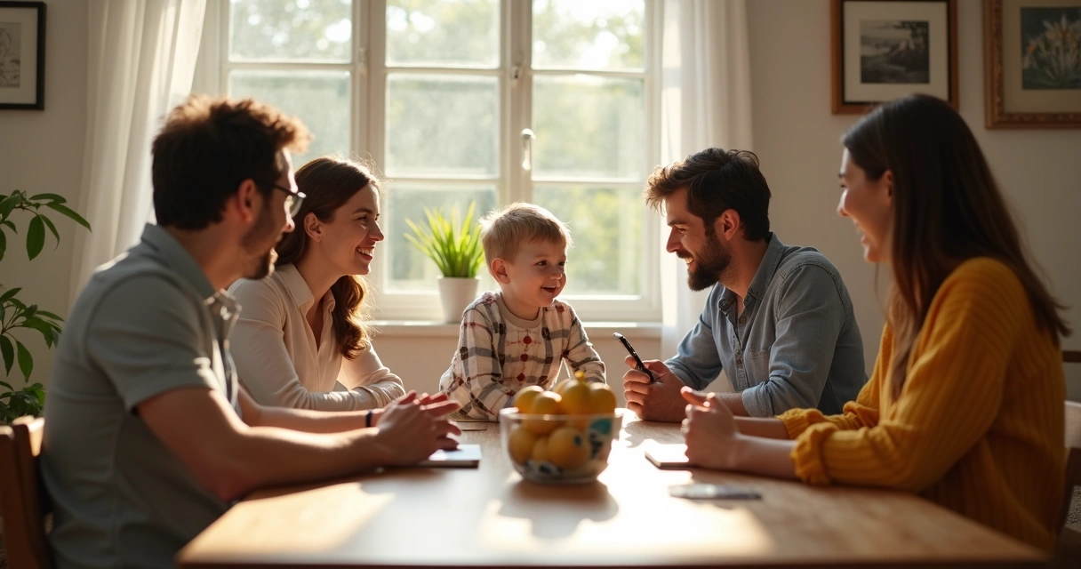 Família sentada à mesa conversando atenta