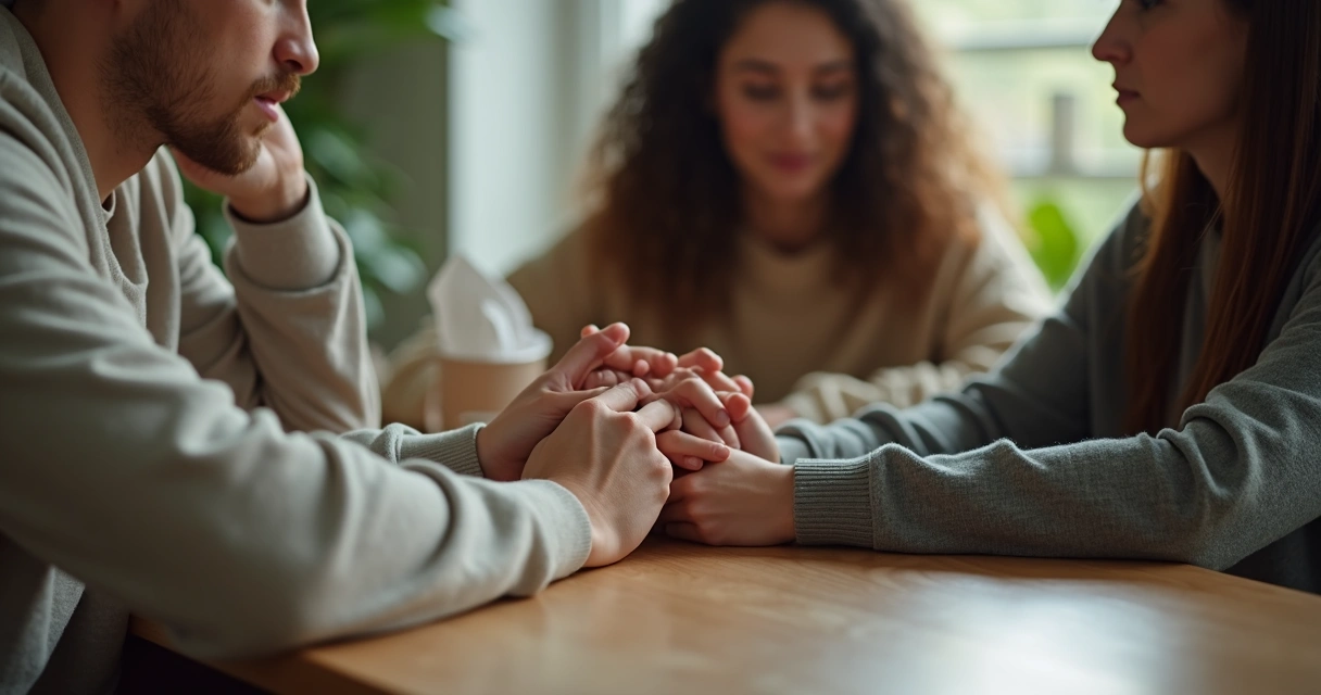 Mãos unidas durante conversa em família 