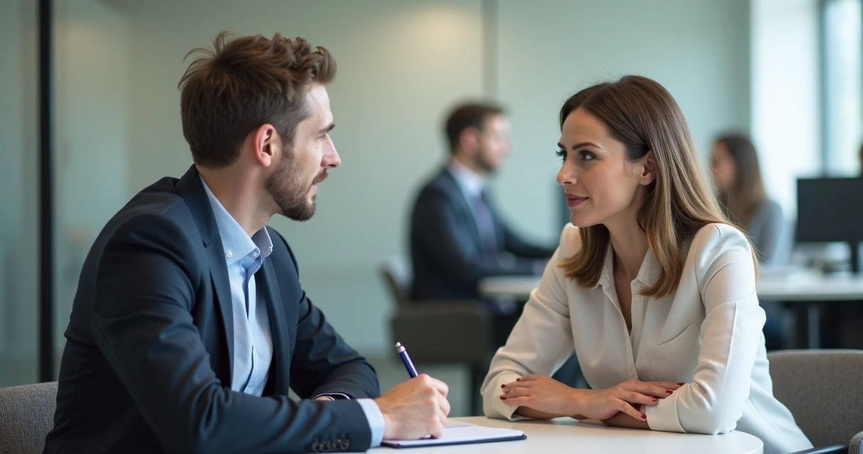 Profissional ouve atentamente colega durante reunião de feedback 
