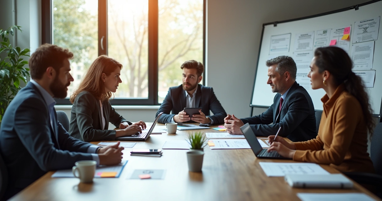 Executivos discutindo soluções de IA com tablets e anotações na mesa 