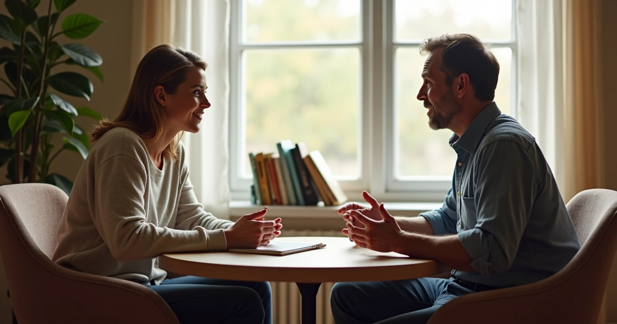 Duas pessoas conversando sentadas frente a frente, uma escutando atentamente a outra 