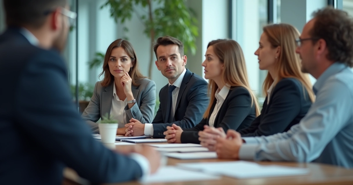 Pessoa em sala de reunião ouvindo atentamente interlocutor