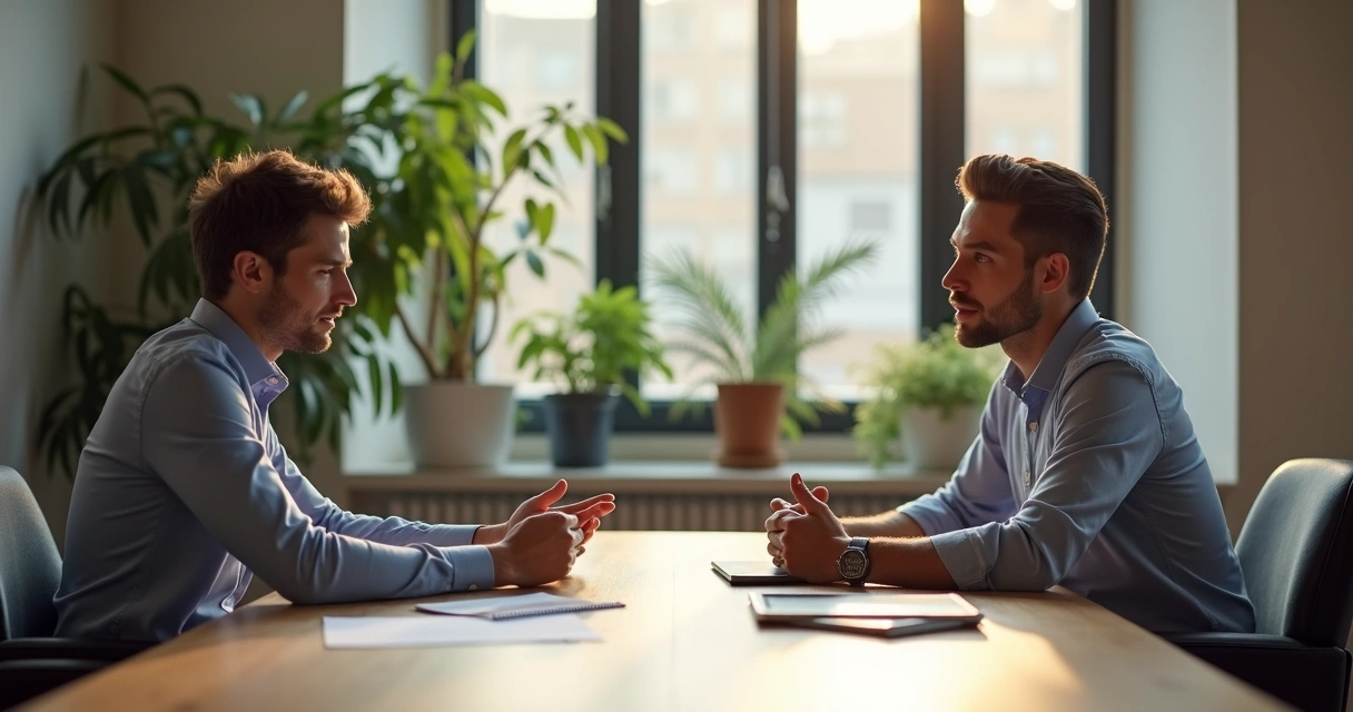 Duas pessoas sentadas em um ambiente de trabalho com tablets e blocos de notas, em conversa atenta uma com a outra 