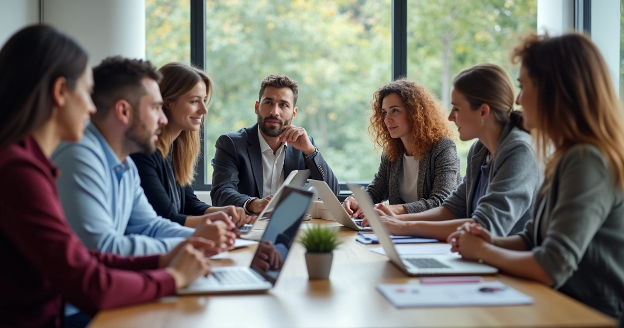 Líder ouvindo com atenção equipe diversa em escritório moderno 