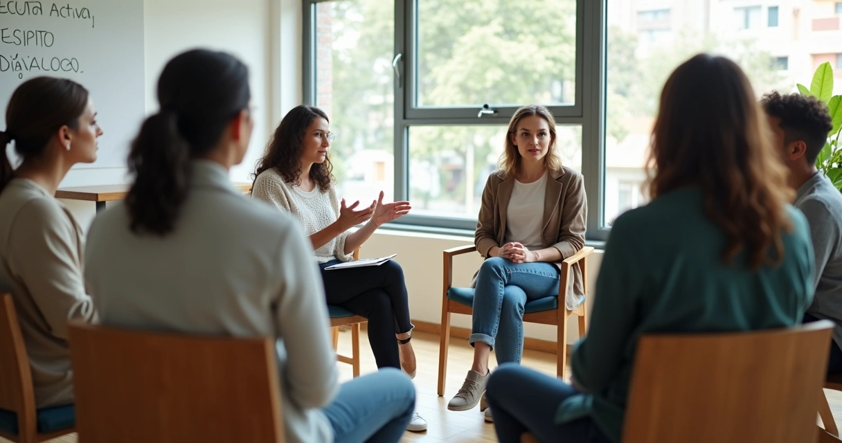 Grupo diverso em círculo praticando escuta ativa em mediação de conflitos sociais 