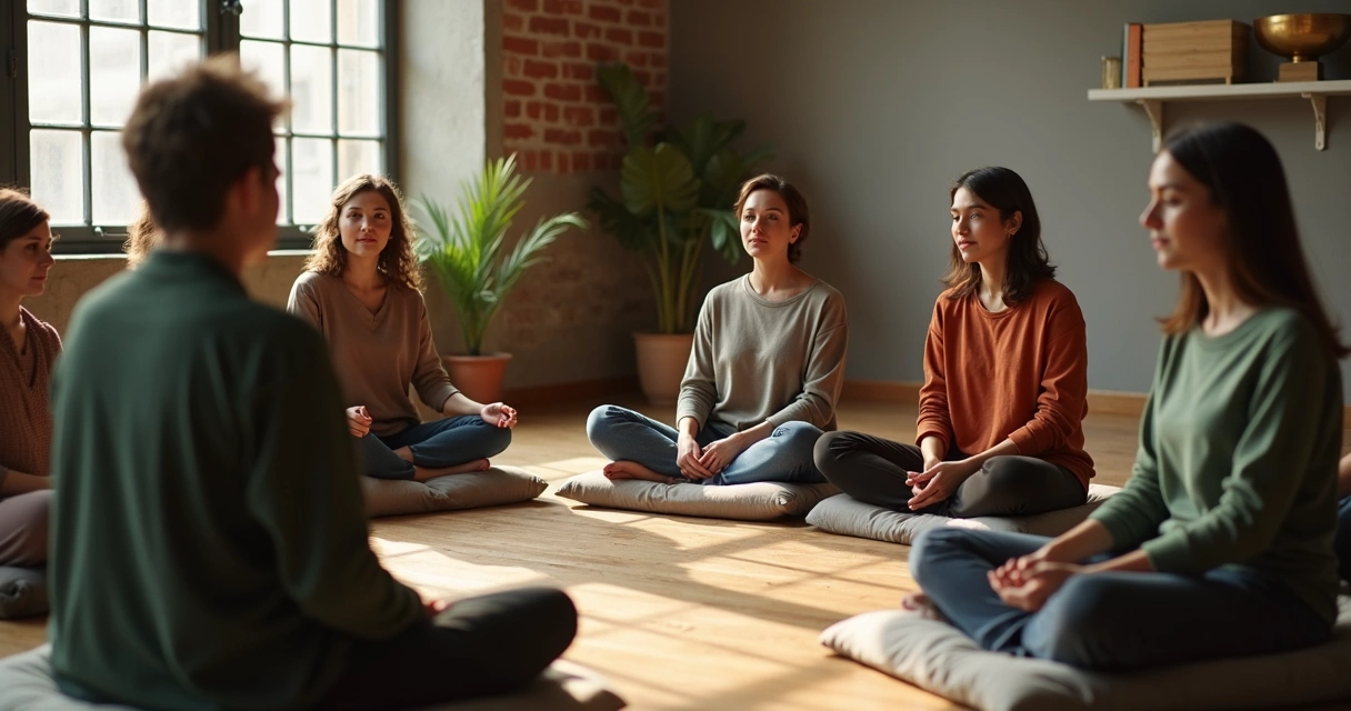 Grupo diverso praticando escuta ativa em círculo de meditação coletiva 