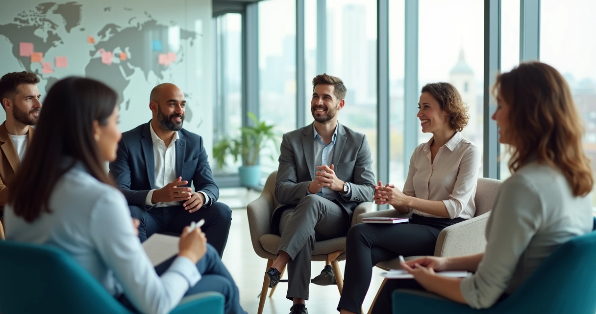 Grupo diverso em roda praticando escuta ativa em ambiente corporativo moderno 