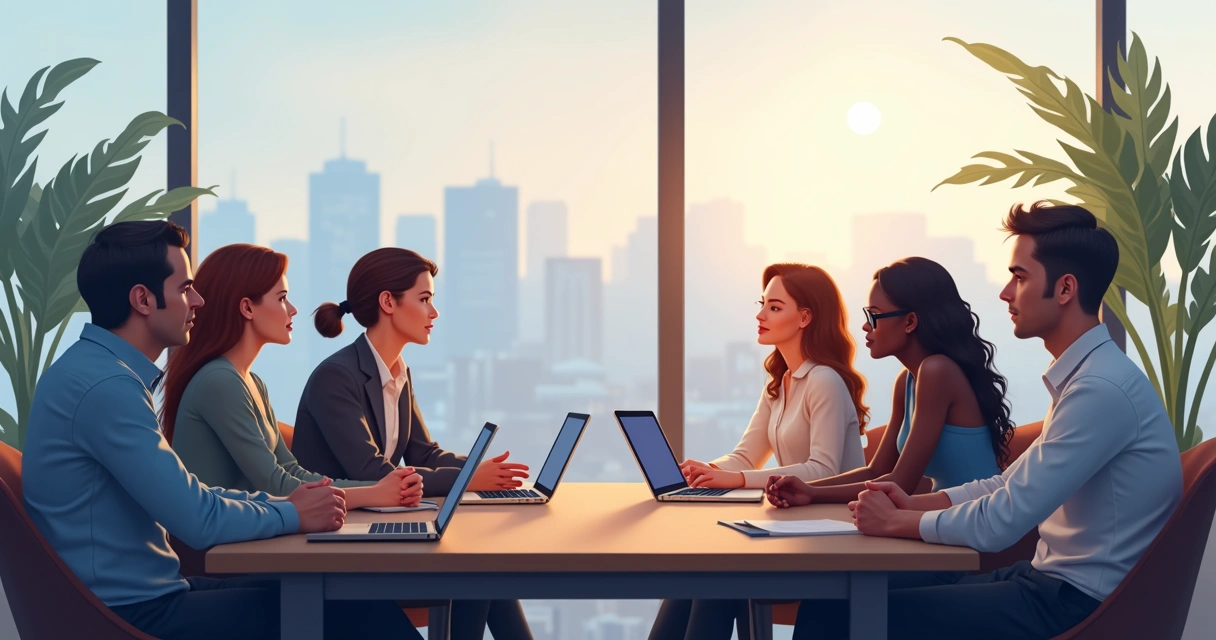 Grupo de pessoas sentadas discutindo em ambiente de trabalho moderno 